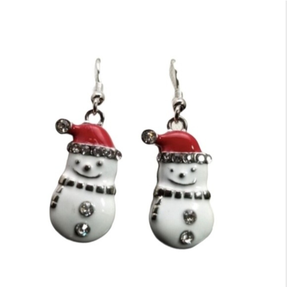 Snowman Christmas Earrings  Enamel Rhinestones  1.5" Dangle *